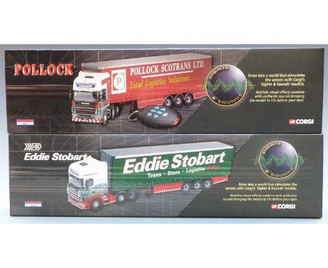 Two Corgi Sights &amp; Sounds 1:50 scale limited edition lorries Pollock (Scotrans) Ltd CC12931 and Eddie Stobart CC12936, bo