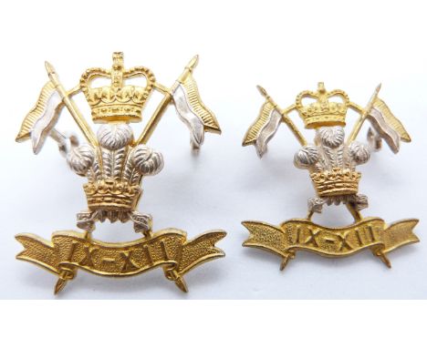 British Army 9th/12th Lancers officer's gilt cap and collar badge, two by Gaunt