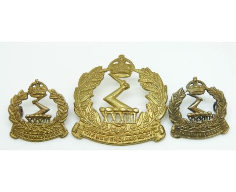 Australian Army 33rd New England Regiment metal hat badge and two collar badges