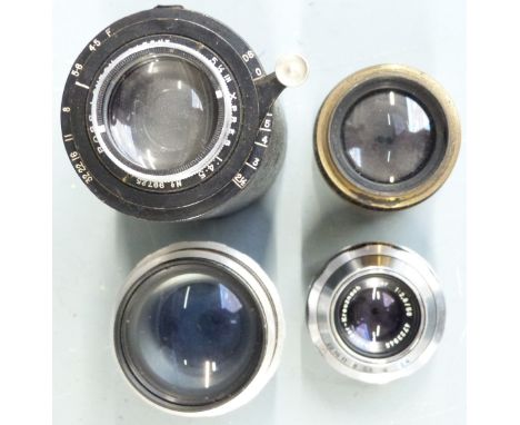 Four various lenses comprising Schneider-Kreuznach Xenar 1:2.8/50, Meyer-Optik Telefogar 1:3.5/90, Ross Xpress 5 1/2&nbsp; 1: