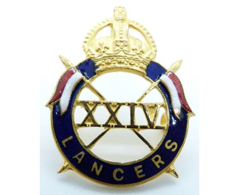 British Army 24th Lancers officer's gilt and enamel cap badge