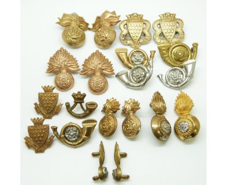 Twenty British Army Lancashire Fusiliers and Duke of Cornwall's Light Infantry etc metal collar badges in six pairs plus eigh