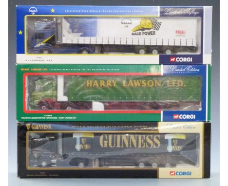 Three Corgi 1:50 scale limited edition diecast model lorries Guinness 76403, Harry Lawson Ltd CC12418 and M.A.N. 75801, all i