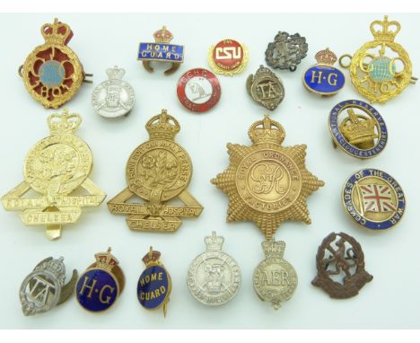 Small collection of Home Guard, Territorial Army, GCHQ, Chelsea Hospital etc badges, one&nbsp;by Gaunt and one by Dowler