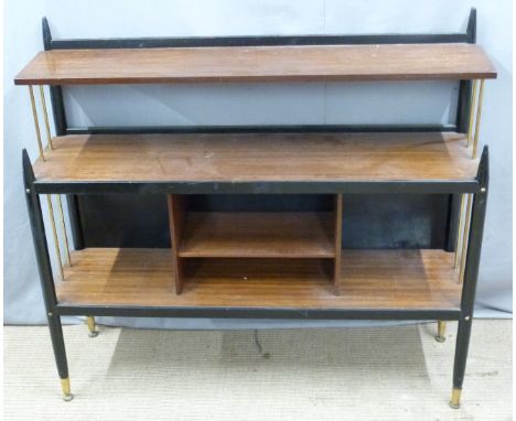 Retro ebonised side table or shelf unit with gilt metal rod supports, W105 x D32 x H96cm&nbsp;