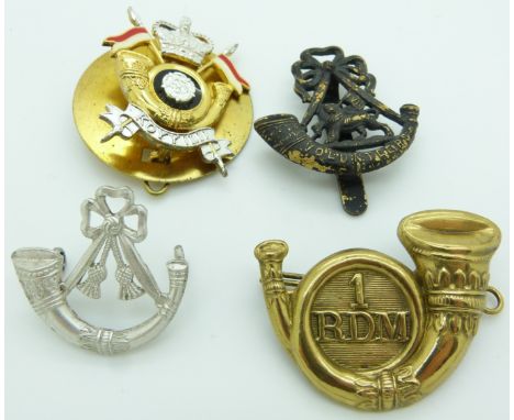 Four British Army London Volunteer Rifles, Light Infantry Brigade, Devon Militia, and King's Own Yorkshire Regiment metal bad