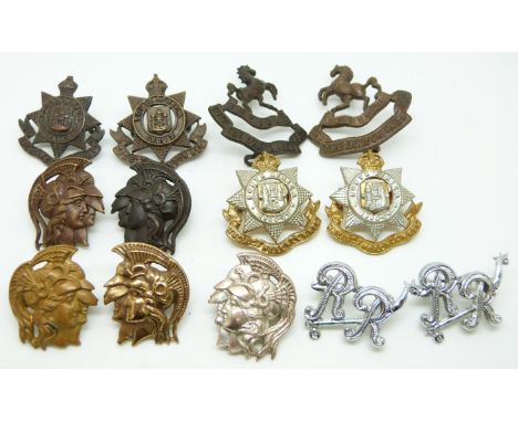 Thirteen British Army 20th, 23rd and 28th London Regiments, and City of London Yeomanry metal collar badges in four pairs plu