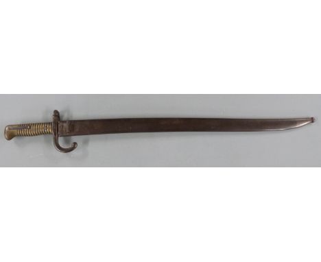 19thC French bayonet with brass grip, the blade marked 1871, scabbard and quillon both numbered R61435, overall length 71cm