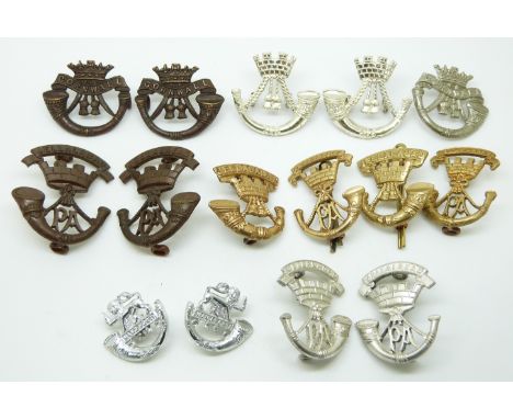 Fifteen British Army Light Infantry Regiments Cornwall Regiment, Somerset Light Infantry etc metal and anodised collar badges