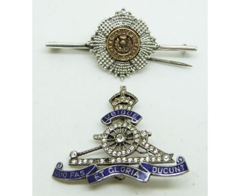 Two silver military sweetheart brooches, one for the Royal Artillery set with enamel and paste, the other Scottish example ma