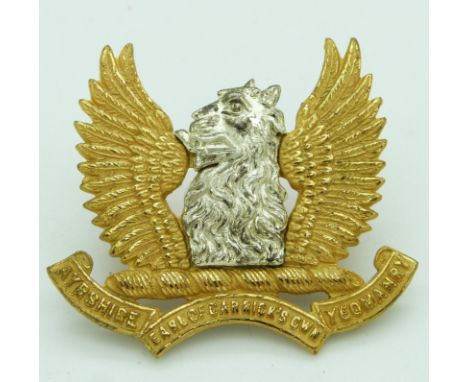 British Army Earl of Carrick's Own Ayrshire Hussars Yeomanry officer's gilt cap badge