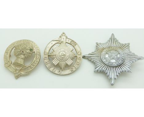Three British Army Scots Guards, Irish Guards and Lothian and Borders piper's badges