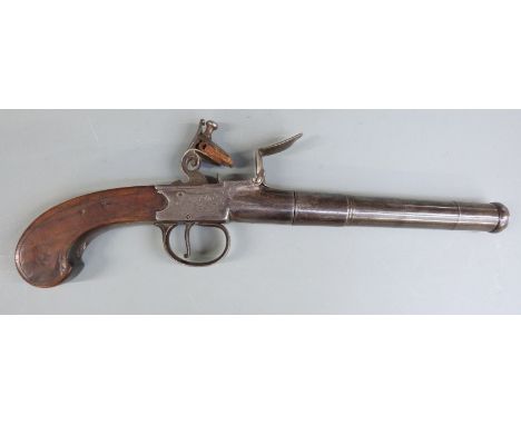 Waters of London Queen Ann flintlock hammer action pistol with named and engraved lock, engraved hammer, stock and top strap,