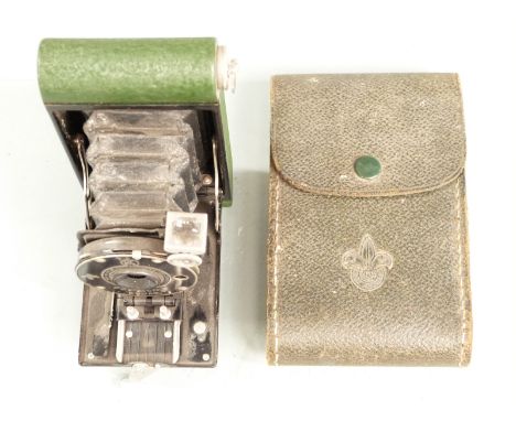 Kodak Boy Scout folding camera with green paintwork and Scout logo, in matching green case with embossed Scouts logo