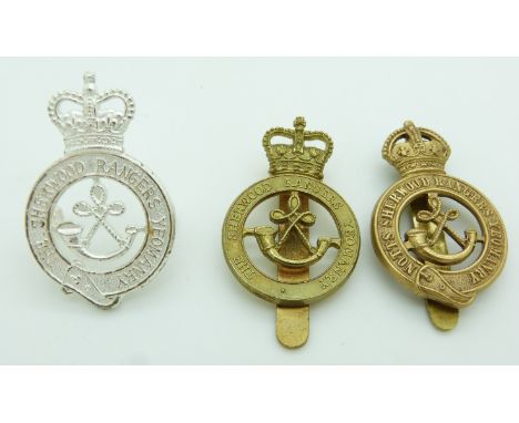 Three British Army Sherwood Rangers Yeomanry metal cap badges including an officer's example