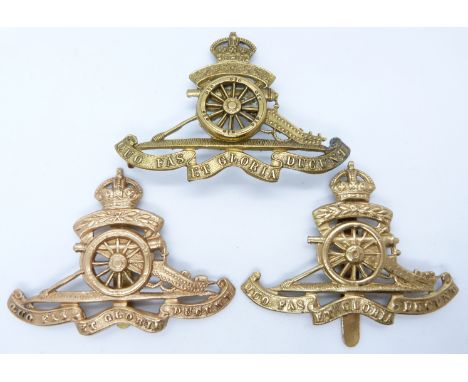 Three British Army Royal Artillery metal badges