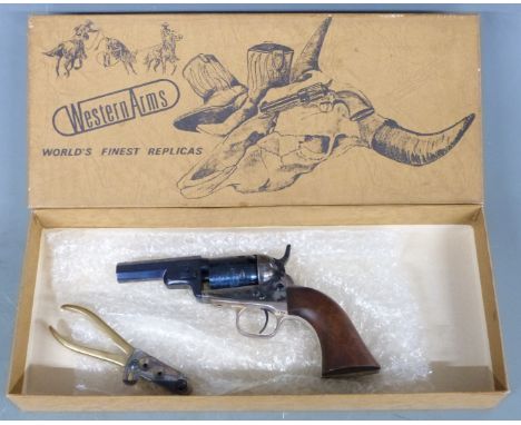 Uberti Western Arms .31 Colt Wells Fargo style five shot single action percussion revolver with engraved scene of a coach and