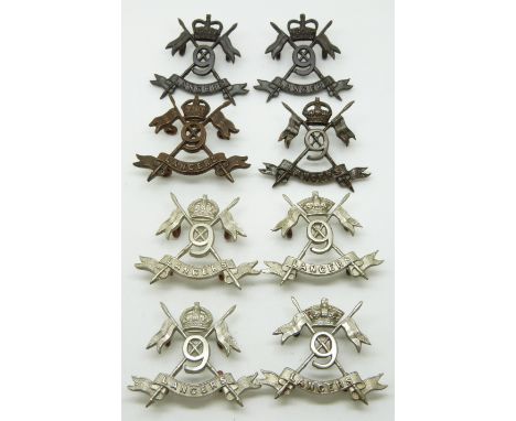 Eight British Army 9th Lancers metal collar badges in three pairs including an OSD example plus two others