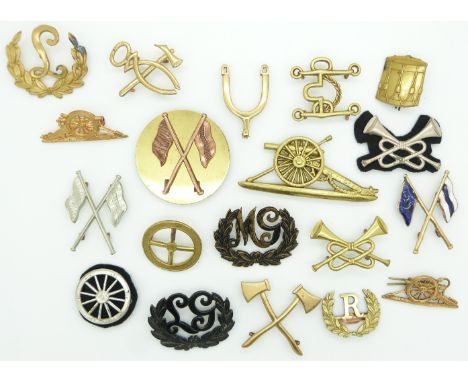 Nineteen British Army proficiency/trade badges including Lewis Gunner, Gun Layer, Driver etc
