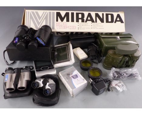 Tasco 9x35 binoculars in case, Minolta 10x25 binoculars, Oregon weather station, tripod etc