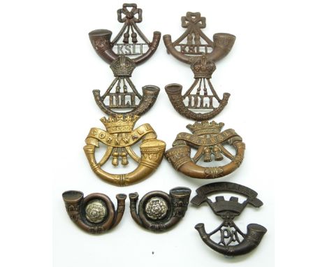 Nine British Army Light Infantry Regiments, Durham, Cornwall, Shropshire, Yorkshire and Somerset metal collar badges in three