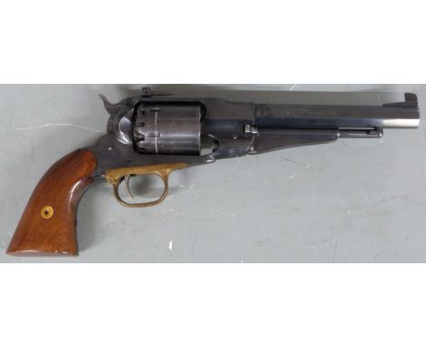 Pietta six shot single action percussion revolver with adjustable sights, brass trigger guard, wooden grips and 6.75 inch oct
