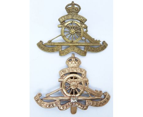 Two British Army Royal Artillery Fifth London Brigade together with a Militia Artillery metal badges