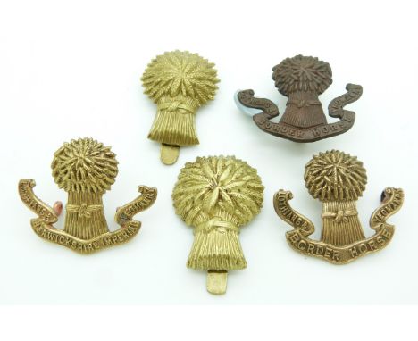 Five British Army Lothian and Berwickshire Imperial Yeomanry metal cap badge together with Lothian Border Horse metal badges