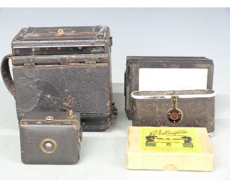 Sanderson 'Regulator' plate camera with holders, together with a Busch folding camera, Zeiss Ikon Box Tengor camera and a qua