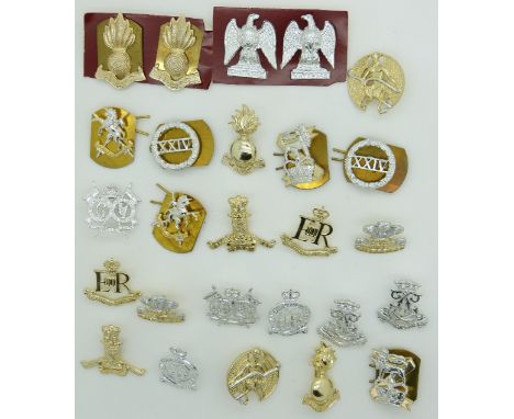 Thirteen pairs of British Army anodised collar badges including Light Dragoons, Northumberland Hussars,&nbsp;Honorable Artill