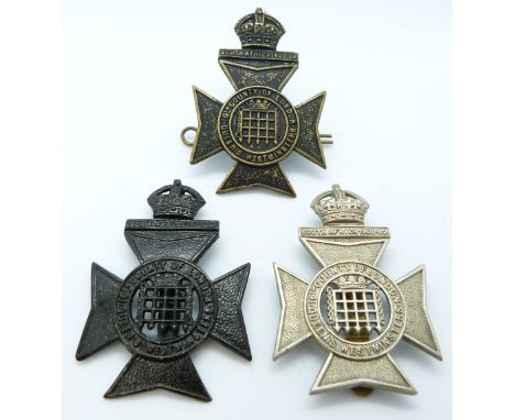 Three British Army 16th County of London Battalion Queen's Westminster and Civil Service Rifles metal cap badges