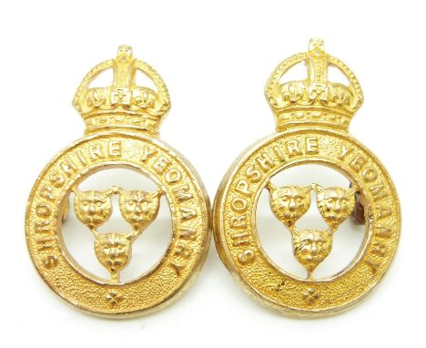 British Army Shropshire Yeomanry pair of officer's gilt collar badges