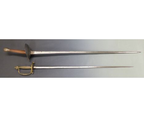 British Army WWI training sword dated 2 16 and S Ben Ld to the 89cm blade together with a Victorian court sword with etched 8