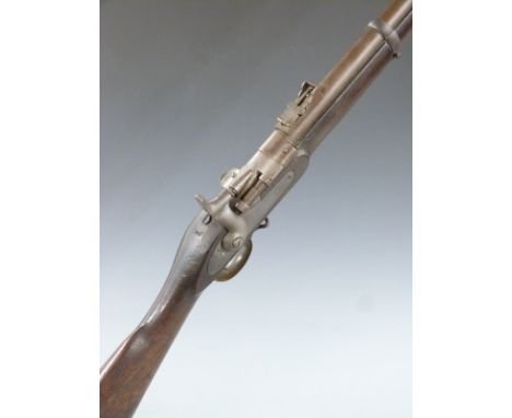 H Dickinson 3-band percussion hammer action Snider rifle with crown engraved to the named lock, brass butt plate and trigger 