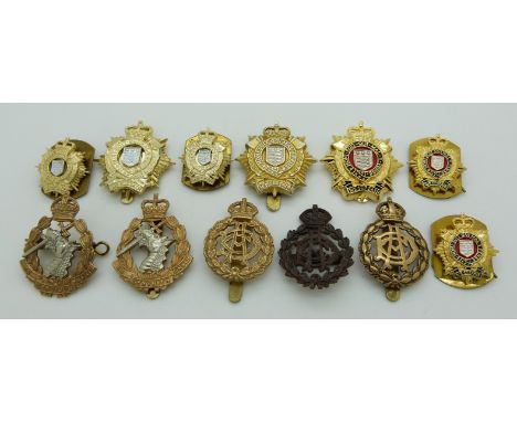 Twelve British Army Corps badges for the Catering Corps, Dental Corps and Royal Logistics Corps