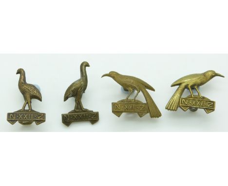 Four New Zealand Army WWI 22nd Reinforcements metal badges in two pairs