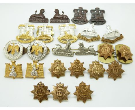 Twenty Four British Army Devonshire and Dorsetshire Regiment metal collar badges in eleven pairs plus two including officer's