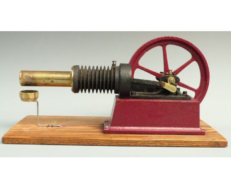 19thC or early 20thC model or workshop Stirling engine with concentric pistons, on wooden base, 37cm long.