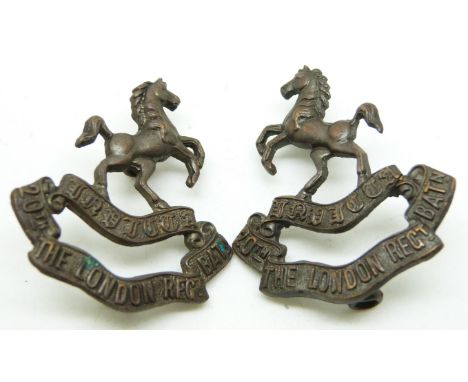 British Army 20th London Regiment pair of officer's metal collar badges