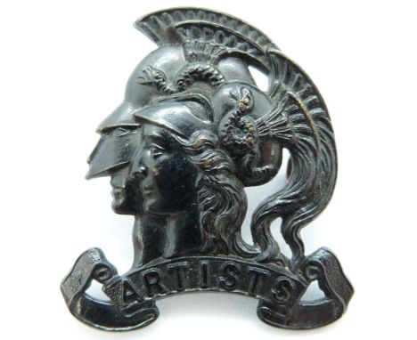 British Army 28th County of London Battalion Artists Rifles early pattern blackened brass cap badge
