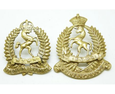 New Zealand Army WWI New Zealand Mounted Rifles Reinforcements brass hat badge, together with a New Zealand Mounted Rifles Ex