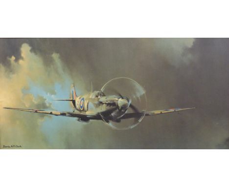 Barrie Clarke framed print of a Spitfire, 49 x 100cm