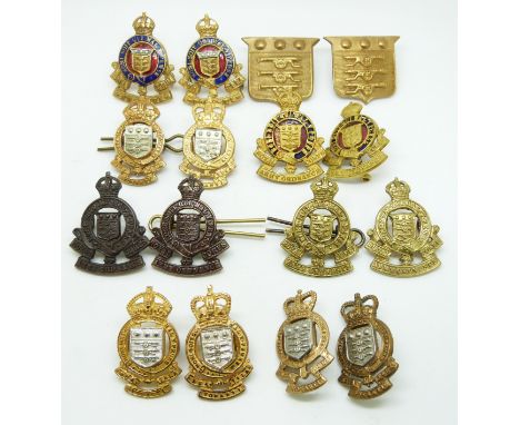 Sixteen British Army Royal Ordnance Corps metal collar badges in five pairs plus six, two by J R Gaunt London&nbsp;
