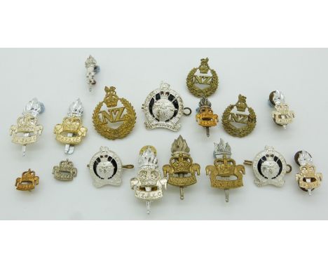 Seventeen New Zealand Army Education Corps, Pay Corps and Legal Services metal and anodised hat and collar badges etc, includ