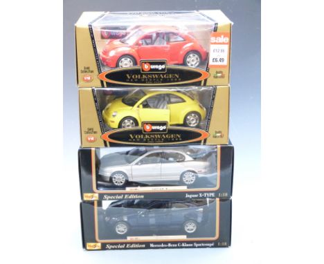 Four Burago and Maisto 1:18 scale diecast model cars Gold Collection Volkswagen New Beetle 1998 3342 and 3302, Special Editio