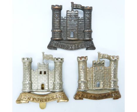 Three British Army 6th Inniskilling Dragoon metal cap badges