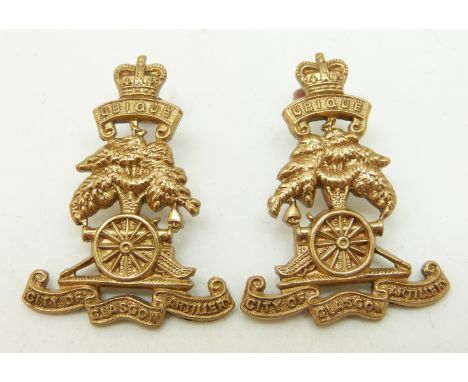 British Army City of Glasgow Artillery other ranks metal collar badges