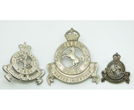 Three Australian Army Riverina Horse metal badges bearing the motto 'Virtus in Arduis'