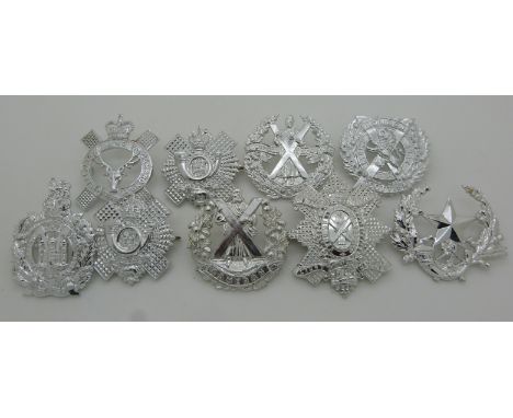 Nine British Army Scottish Regiment anodised hat badges including Highland Light Infantry, Cameron, Liverpool Scottish etc