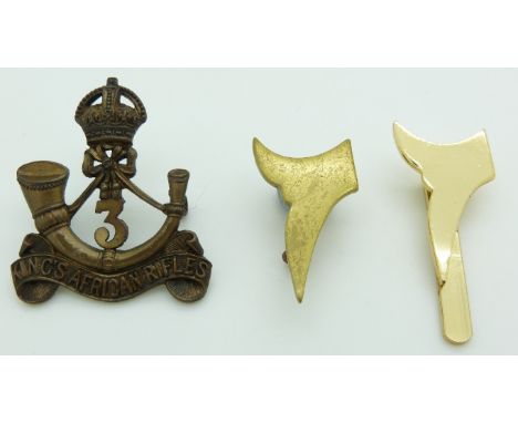 Three 3rd King's African Rifles metal/anodised badges one by Firmin, London another J R Gaunt